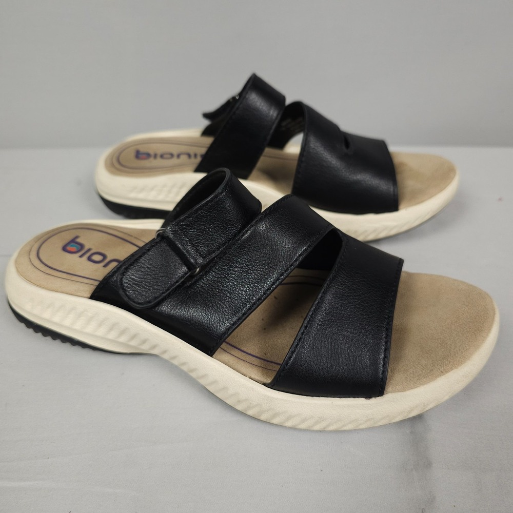 Bionica Avoca Sandals Women Size 7.5 M Black Leather Strappy Slides
